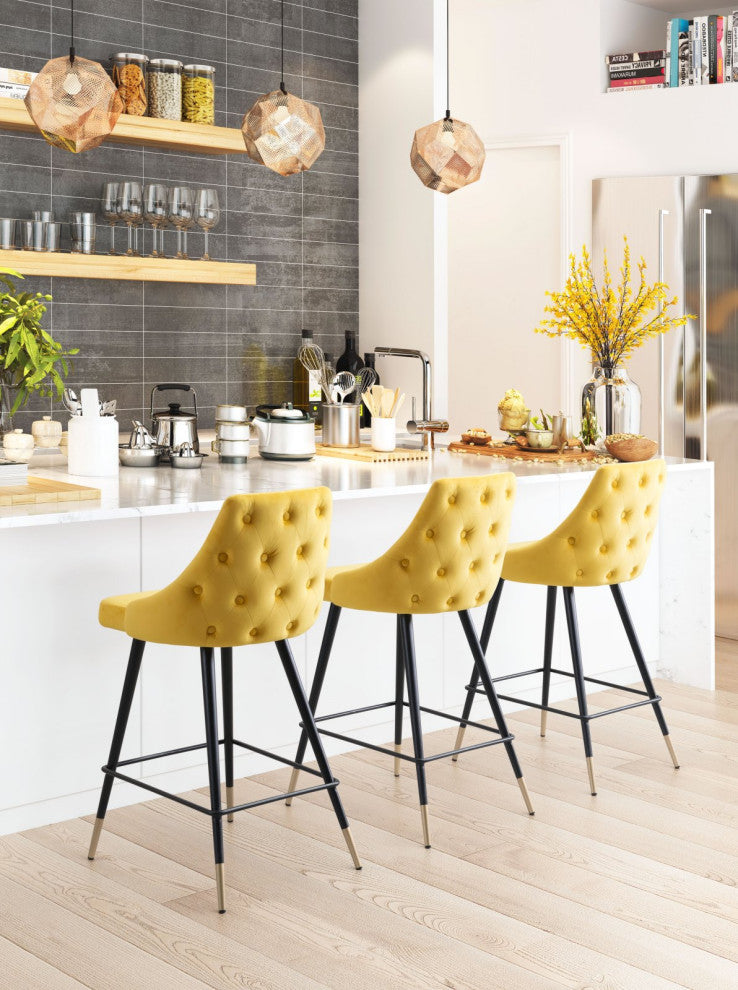 Counter Stool Chair, Steel Metal, Fabric, Yellow, Black, Gold, Cafe Bistro