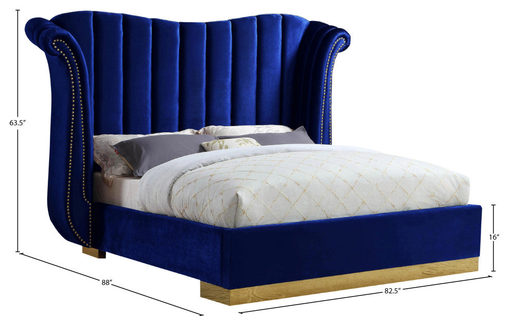 Flora Black Velvet Bed, Navy, Queen