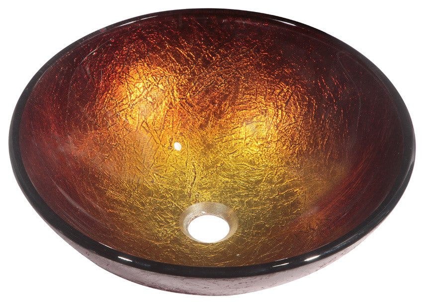 Dawn Tempered Glass, Hand-Painted Glass Vessel Sink-Round Shape, Gold and Brown