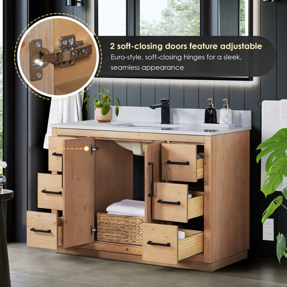 Cicero Vanity, Grain White Engineered Stone Countertop, Light Brown, 48", No Mirror
