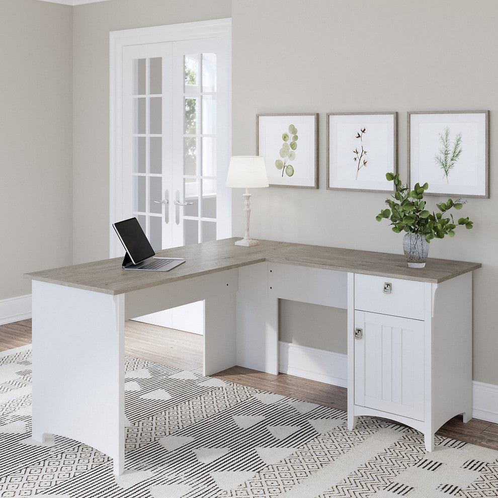 Farmhouse L-Shaped Desk, Single Door Cabinet & Drawer, Shiplap Gray/Pure White