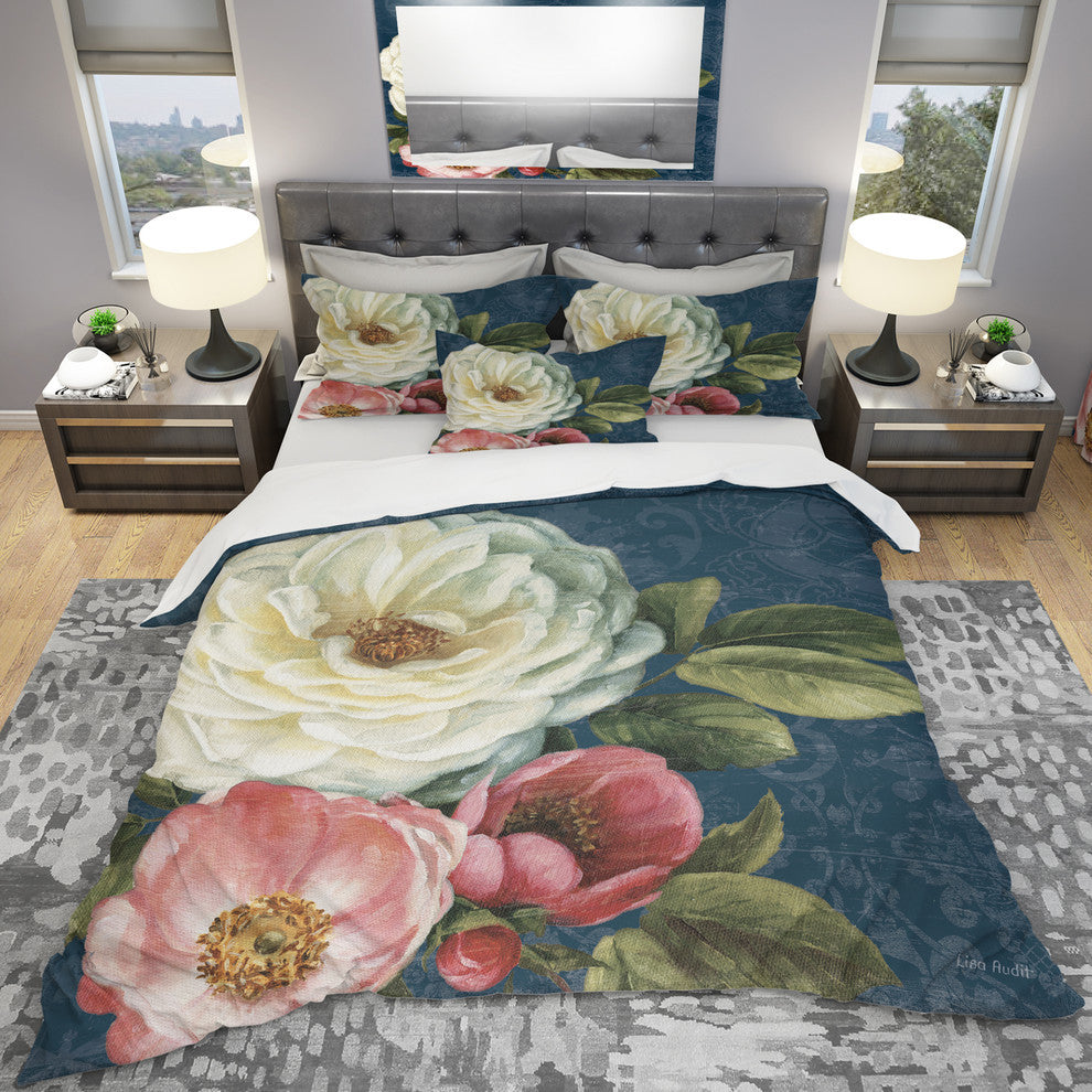 White and Pink Damask Rose Flowers Duvet Cover Set, Twin
