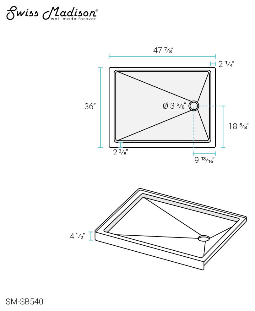 Carre 48"x36" Acrylic White, Single-Threshold, Shower Base, Right Drain