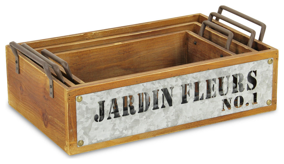 Jardin Fleurs Wood Metal Stamped Crate, Set of 3