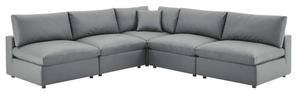Commix Down Filled Overstuffed Vegan Leather 5-Piece Sectional Sofa - Gray