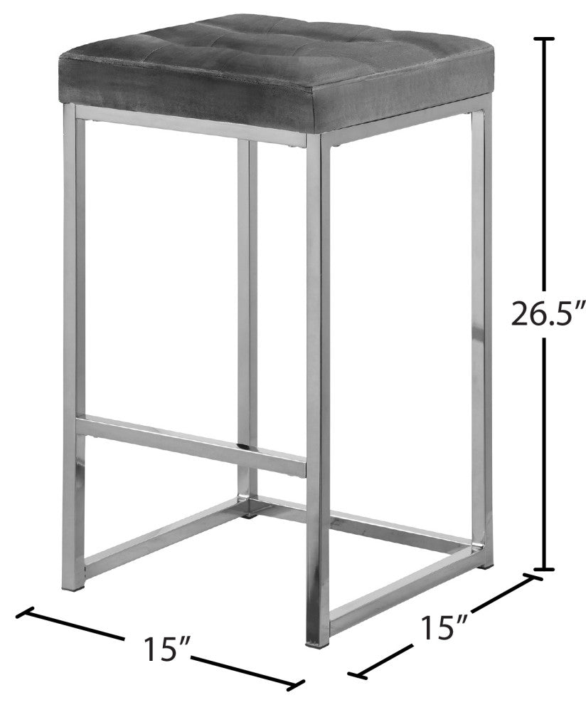 Nicola Counter Stool, Set of 2, Gray, Velvet, Chrome Base