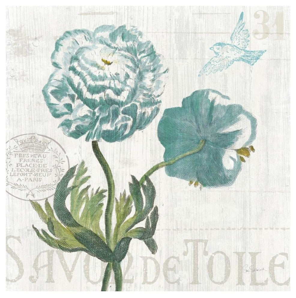 "Floral Messages on Wood I Blue" Digital Paper Print by Sue Schlabach, 20"x20"