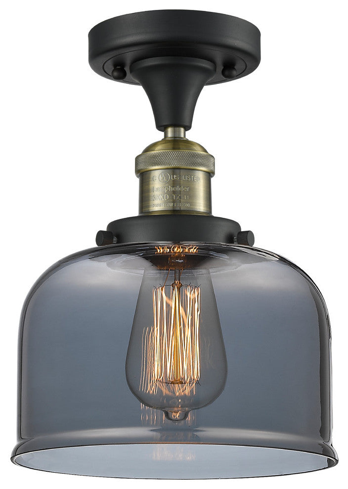Large Bell 8" Semi-Flush Mount, Black Antique Brass, Glass: Plated Smoked