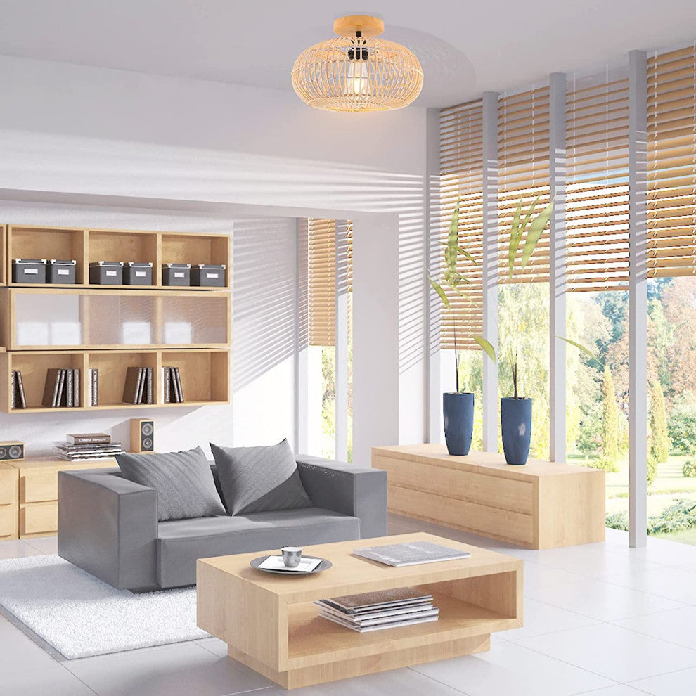 Rattan Semi Flush Mount Ceiling Light, Farmhouse Case Ceiling Lamp