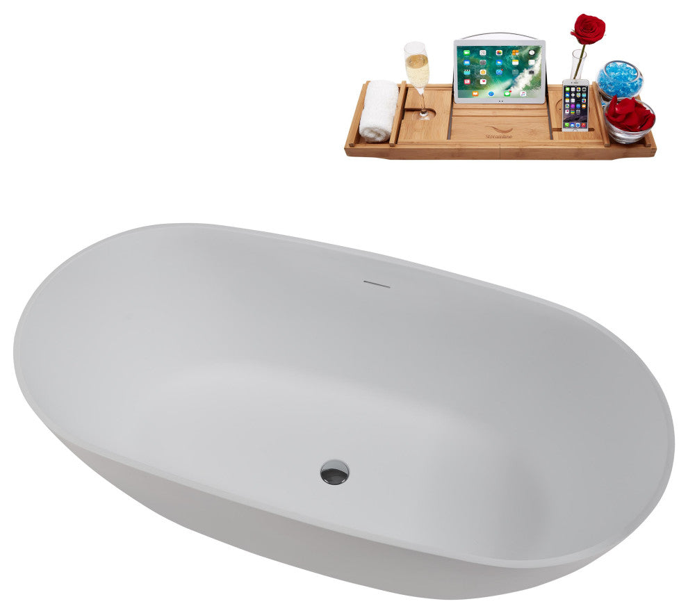 59" Streamline NS5860CH Matte White Stone Resin Bathtub, Tray With Chrome Drain