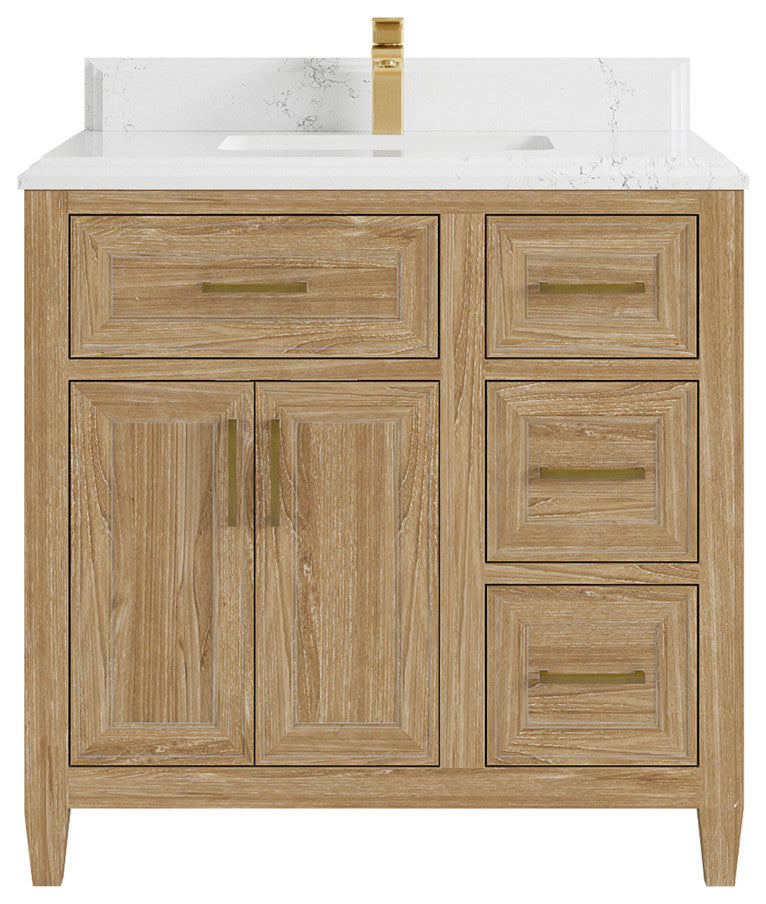 Santa Monica 36 Center Sink Bath Vanity in Whitewashed Teak 1.5" Empira Quartz
