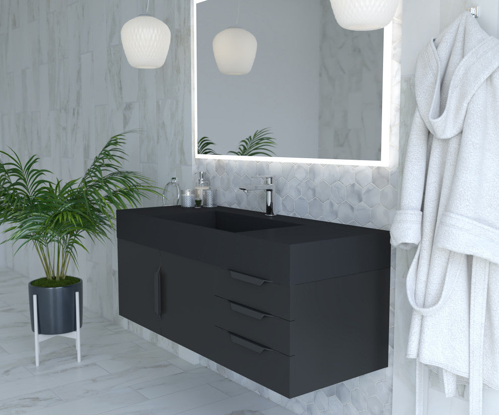 CastelloUSA Amazon 48" Wall Mounted Vanity Set, Black, Black Top, Black Handles