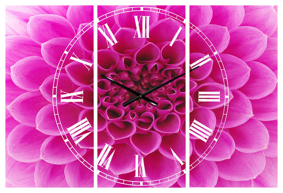 Large Pink Flower and Petals Traditional 3 Panels Metal Clock