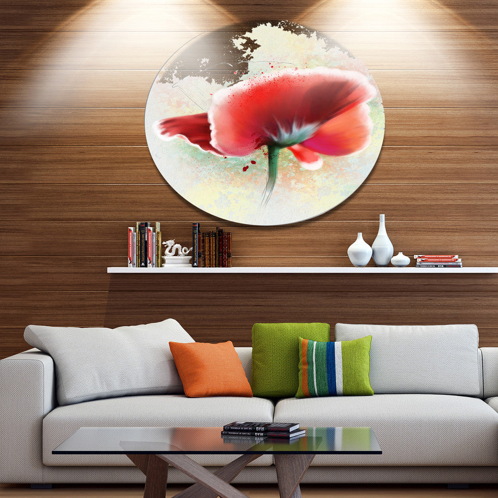 Beautiful Red Watercolor Poppy, Flowers Round Metal Wall Art, 11"