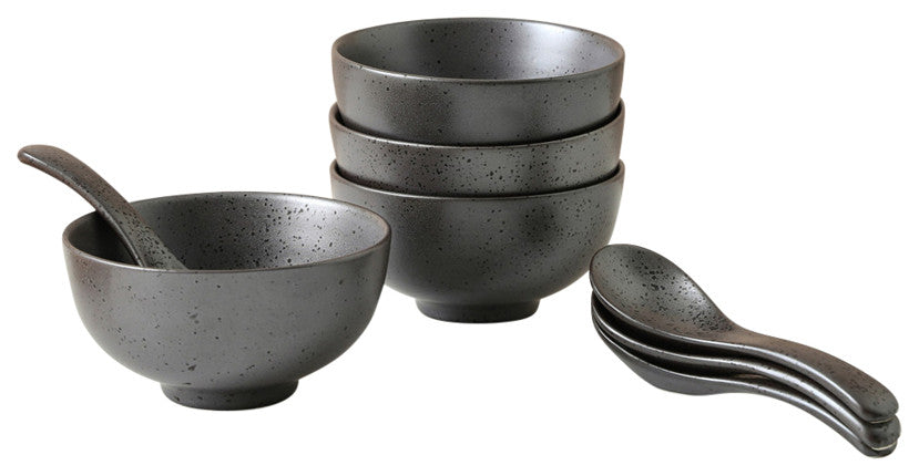 8-Piece Stone Lain Valencia Porcelain Serving Bowl and Spoon Set, Metallic Gray