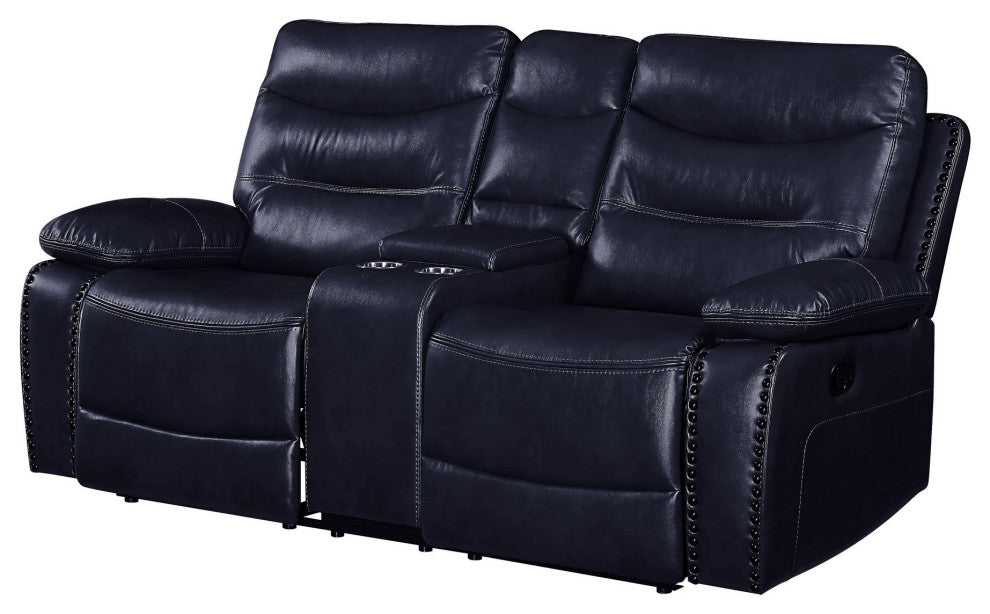Benzara BM251076 Motion Loveseat, Leather Upholstery and Tufted Seat, Navy Blue