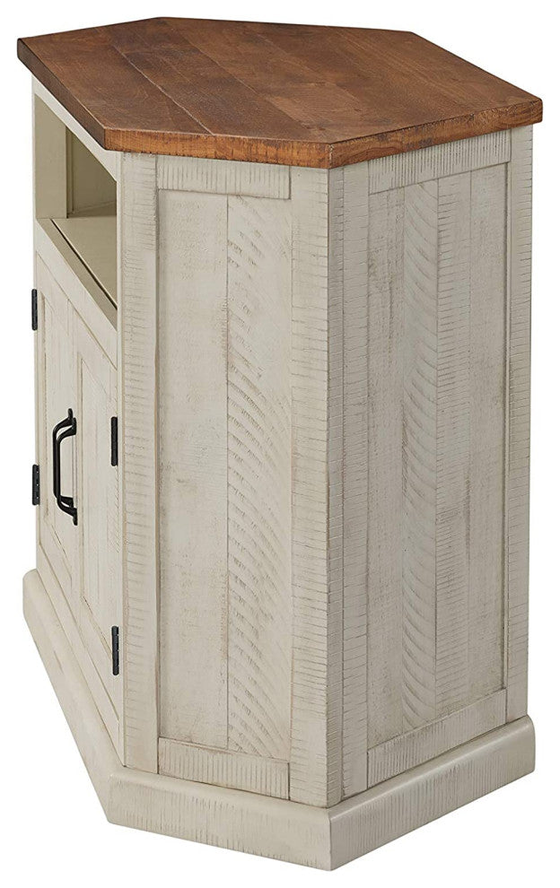 Rustic Corner TV Stand, Pine Wood Frame and Honey Tobacco Top, Antique White