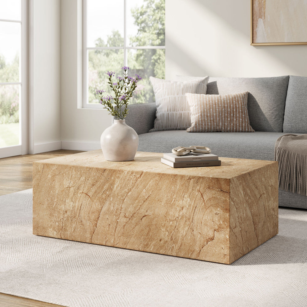 Jordana Square Plinth Indoor Concrete Coffee Table, Travertine