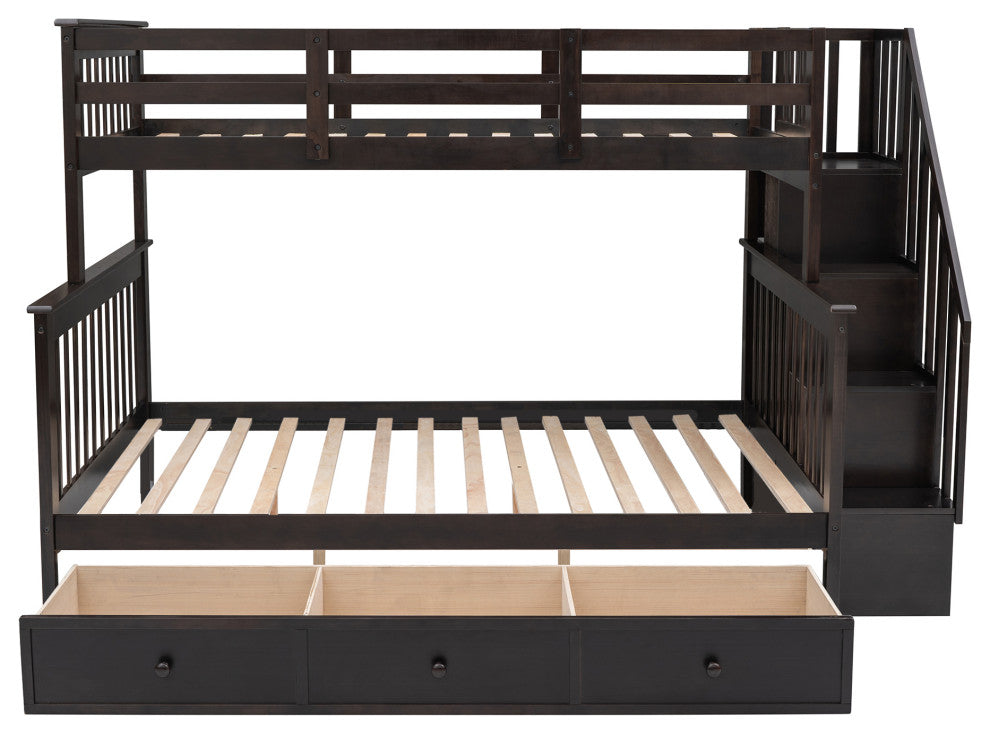 Gewnee Twin-Over-Full Bunk Bed with Drawers and Stairway in Espresso