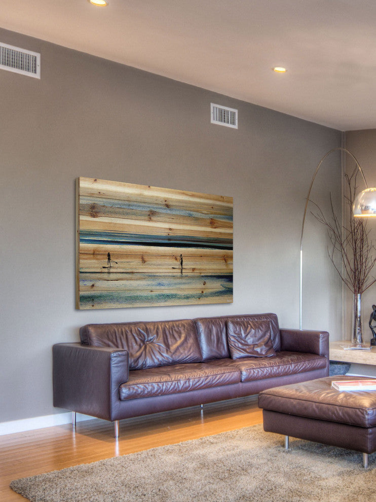 "Surfboard Paddling" Print on Natural Pine Wood, 60"x40"