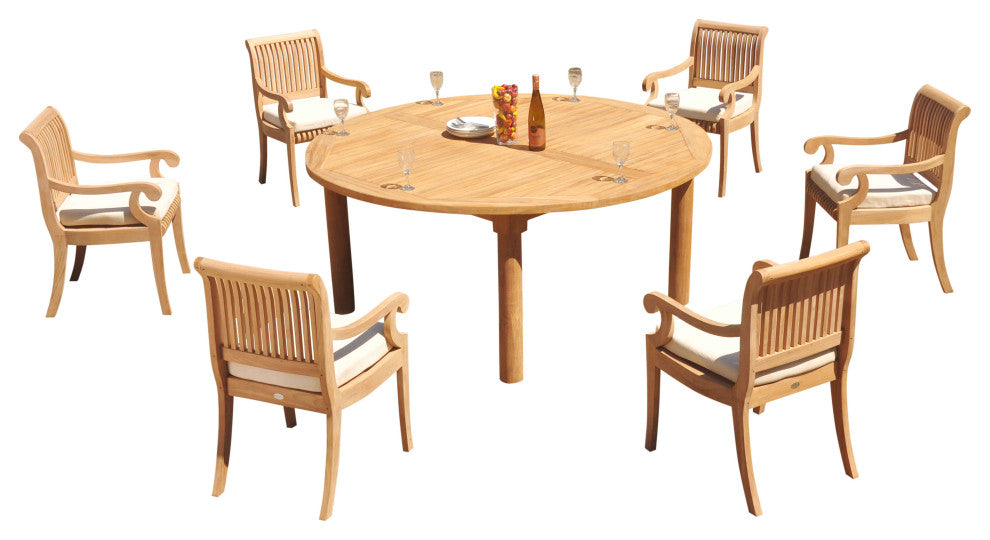 7-Piece Outdoor Patio Teak Dining Set, 72" Round Table, 6 Giva Arm Chair