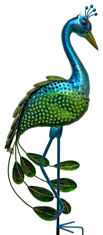 Double Sided Glass and Metal Solar Peacock Outdoor Garden Stake