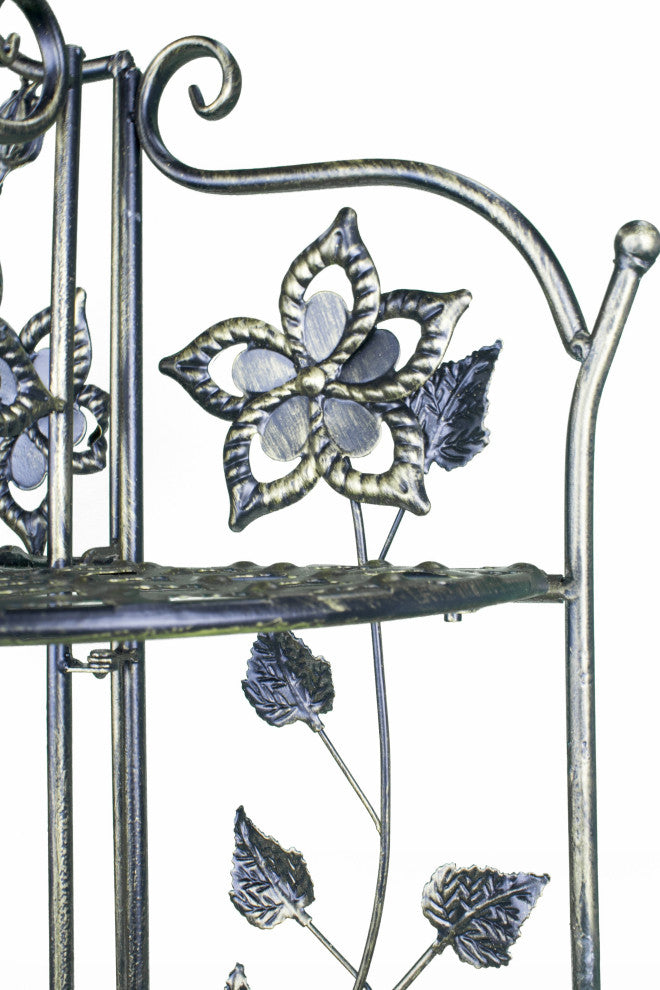 HomeRoots Blackened Gunmetal Steel Floral 4 Shelf Bakers Rack
