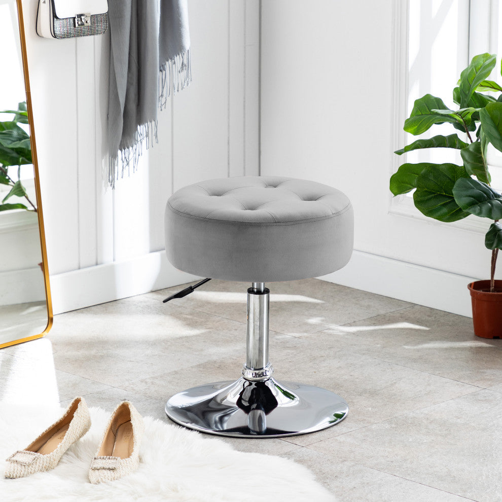 Round Swivel Velvet Vanity Stool, Grey, Standard