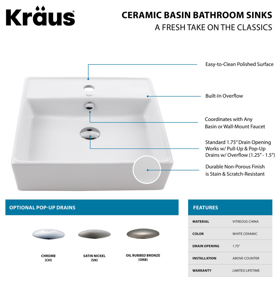 Elavo Ceramic Square Vessel White Sink, Overflow Drain Satin Nickel