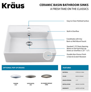 Elavo Ceramic Square Vessel White Sink, Overflow Drain Satin Nickel