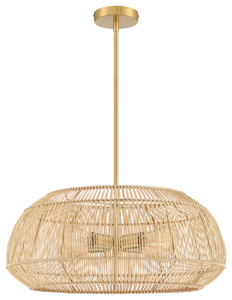 22" W 4 Light Rattan Pendant Chandelier With Brass Canopy