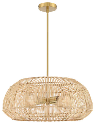 22" W 4 Light Rattan Pendant Chandelier With Brass Canopy