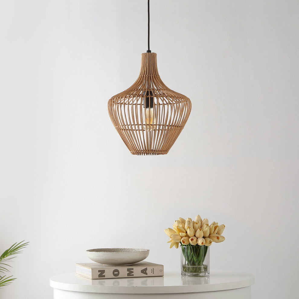 Nova 20.25" 1-Light Rattan 180" Plug-In or Hardwired LED Pendant, Brown, Lucas