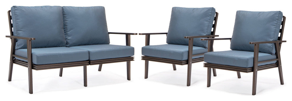 LeisureMod Walbrooke 3-Piece Patio Set With Brown Aluminum Frame and Cushions, Navy Blue