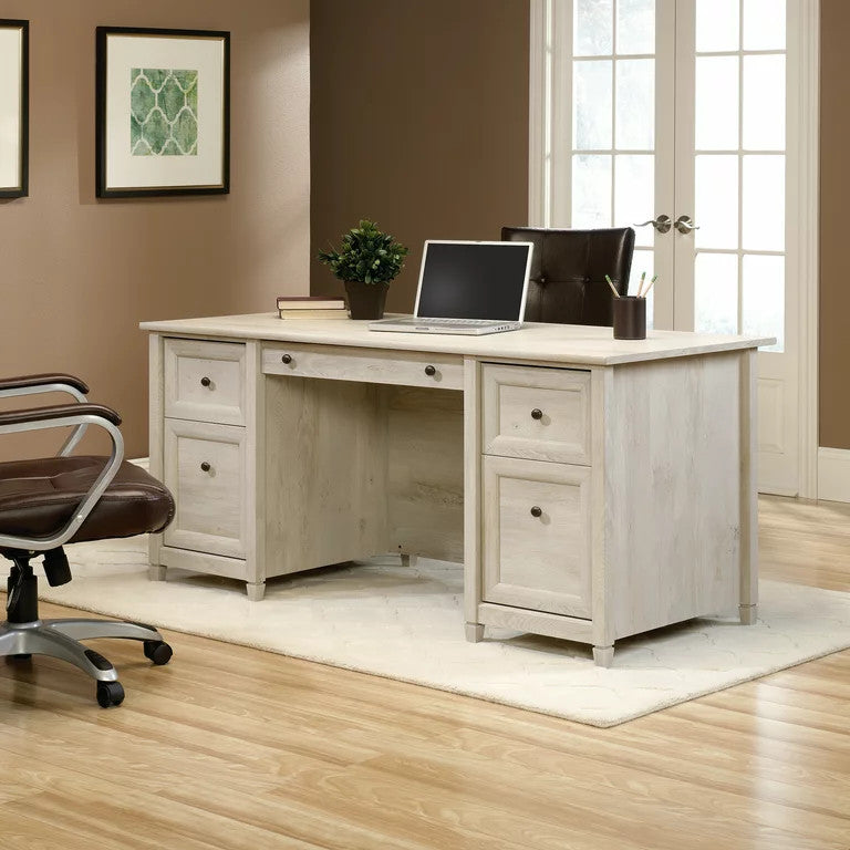 Farmhouse Desk, Wooden Top With Storage Drawers & Pull Handles, Chalked Chesnut