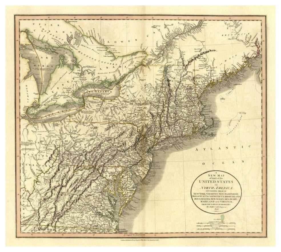 "New York, Vermont, New Hampshire, 1806" Print by John Cary, 38"x34"