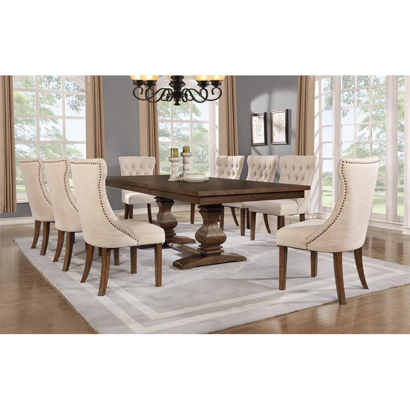 Walnut Wood Dining Set with Extendable Table and Beige Linen Chairs