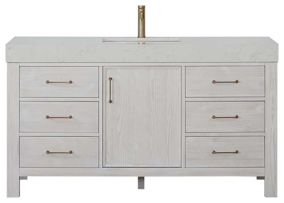Leon Bath Vanity With Composite Stone Top, Washed White, 60"single Sink, No Mirror