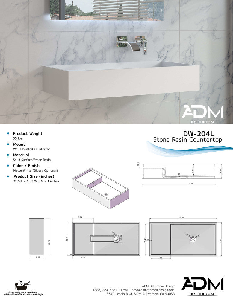 ADM Rectangular Countertop Sink, White, 32", Matte White, On-Left