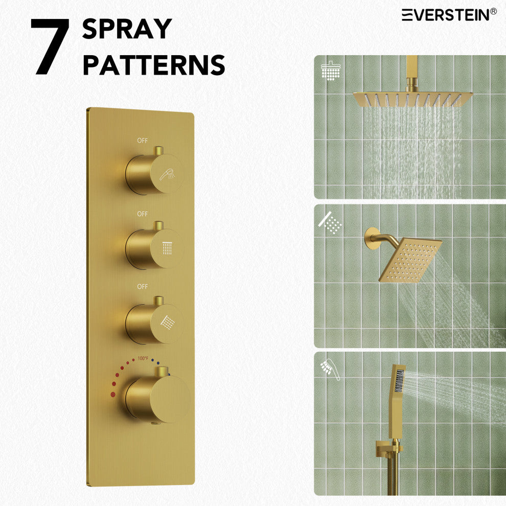 Dual Heads Shower System 16" Rain Shower Head with 4 Way Thermostatic Faucet, Brushed Gold