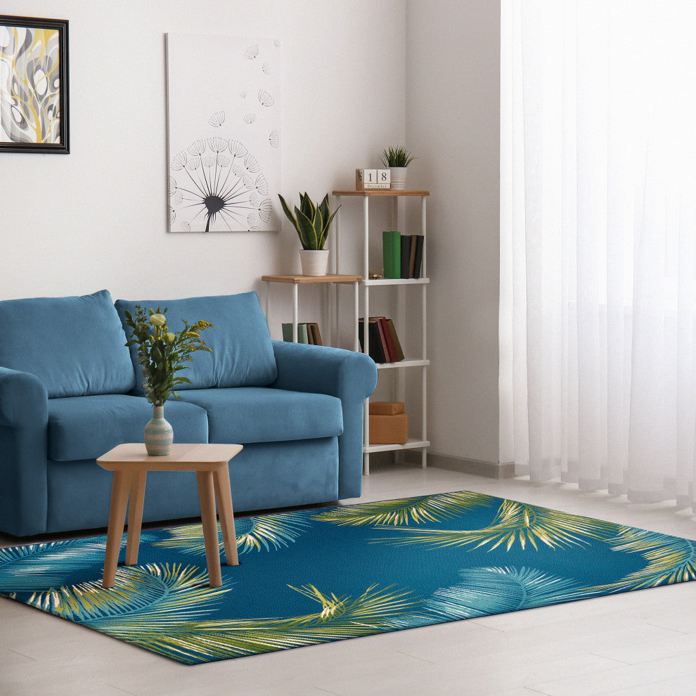 Marina Palm Border Indoor/Outdoor Rug, Navy, 6'6"x9'3"