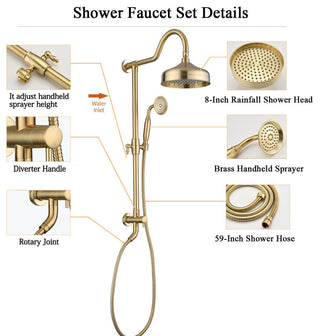 Antique Brass Exposed Pipe Shower With Handheld Shower, Brushed Gold