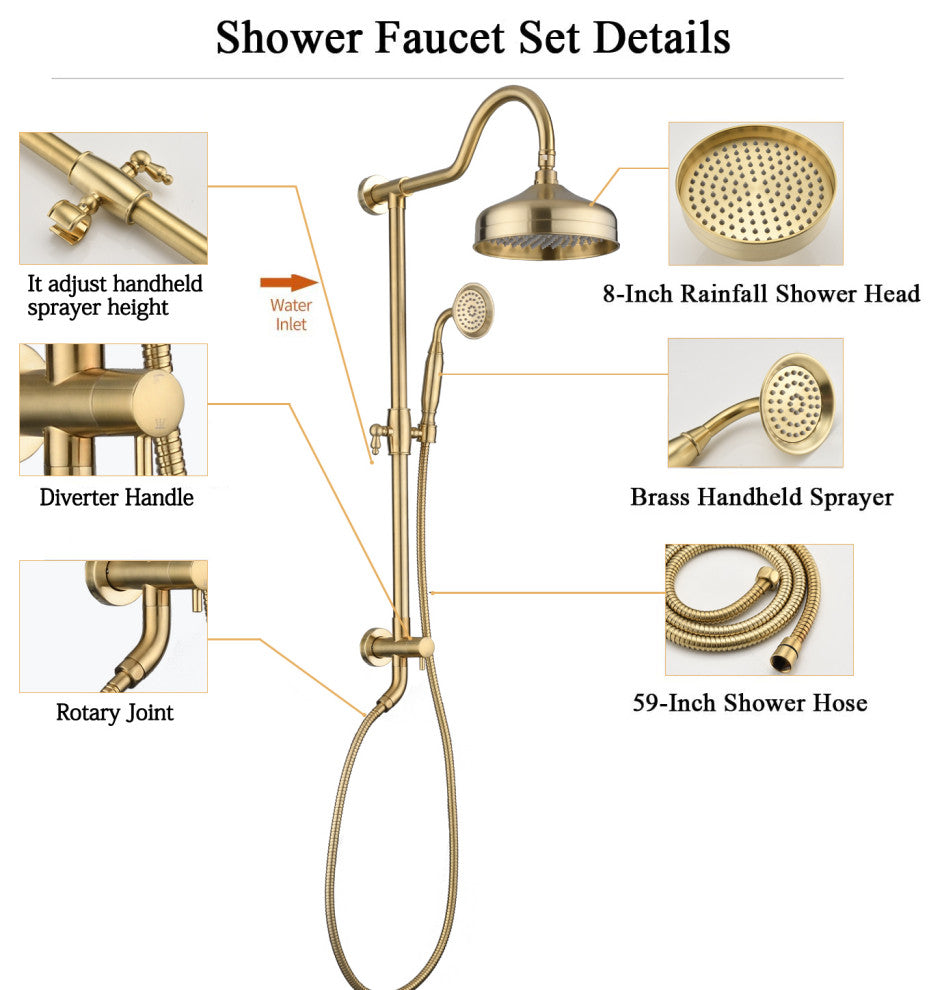 Antique Brass Exposed Pipe Shower With Handheld Shower, Brushed Gold