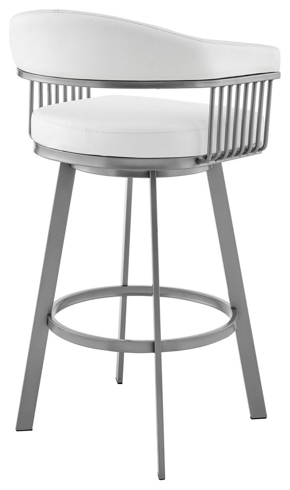 Benzara BM282634 25" Modern Counter Stool Chair Vegan Leather Swivel, White