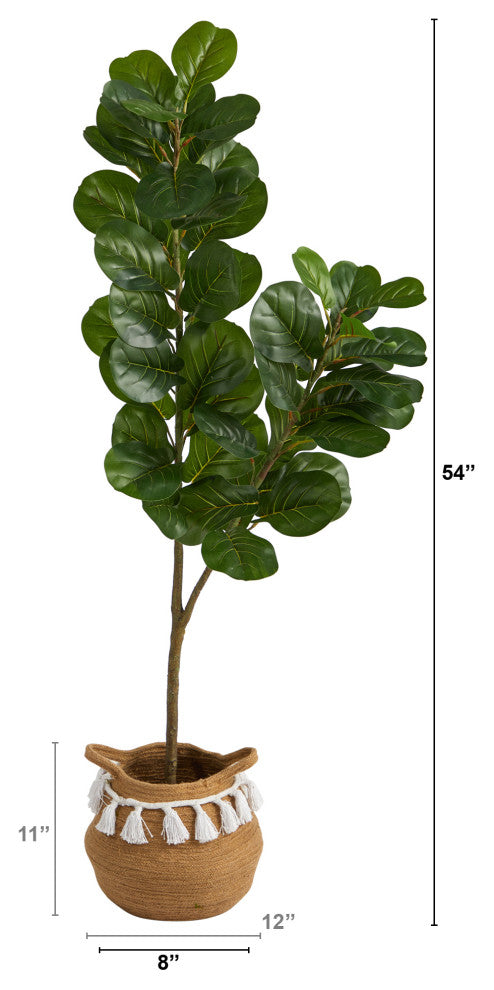 4.5' Fiddle Leaf Fig Faux Tree W/Handmade Natural Cotton Woven Planter W/Tassels