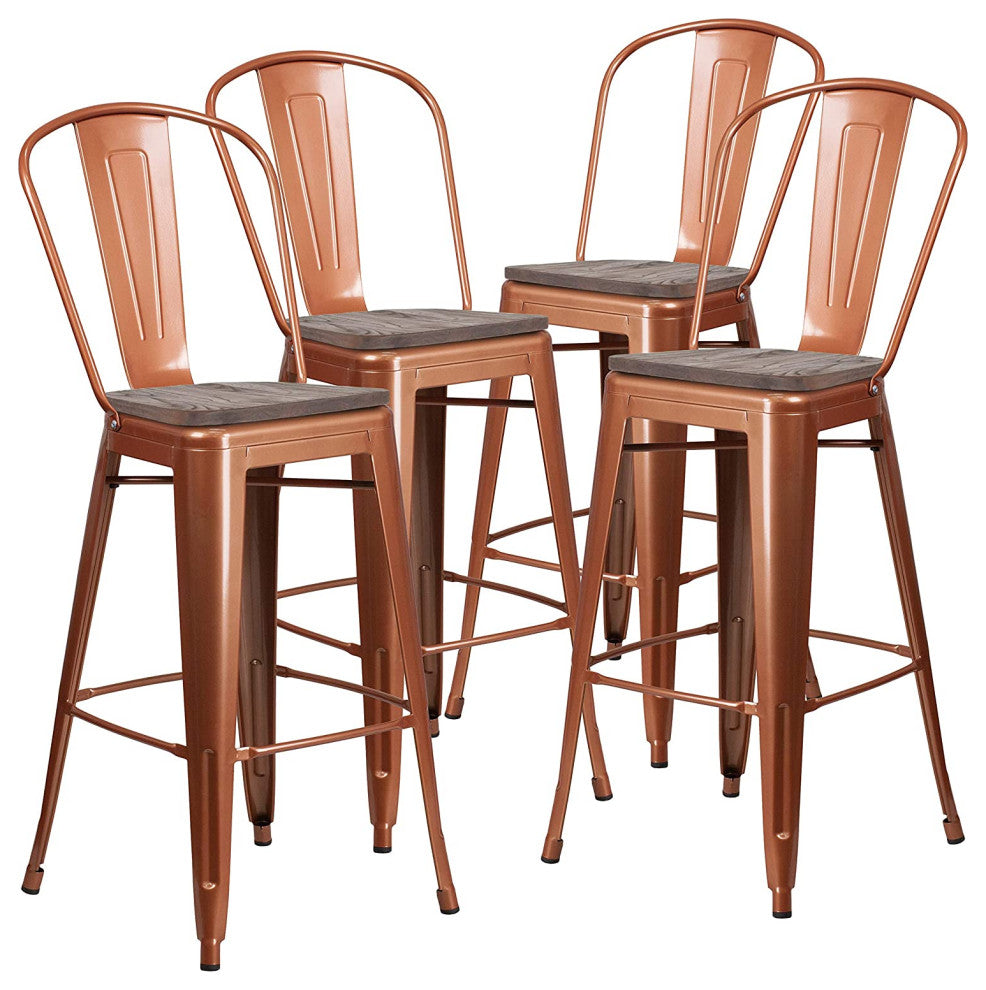 Set of 4 Bar Stool, Metal Frame With Curved Back & Walnut Elm Wood Seat, Copper