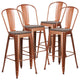 Set of 4 Bar Stool, Metal Frame With Curved Back & Walnut Elm Wood Seat, Copper