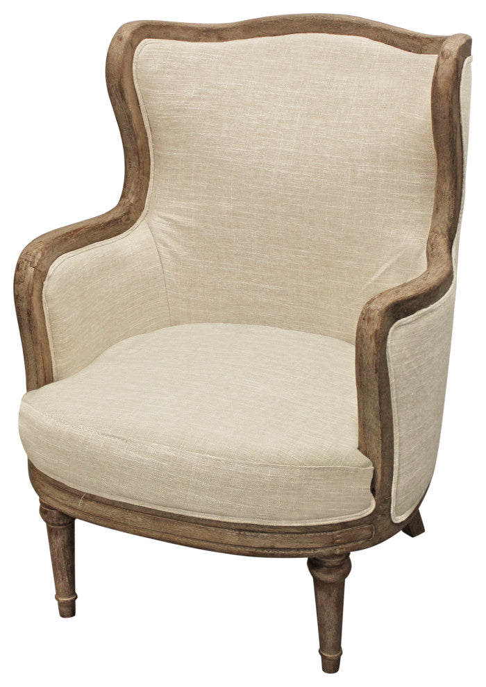 Dan Lounge Arm Chair with Exposed Wood Trim and Frame in Natural Linen Fabric