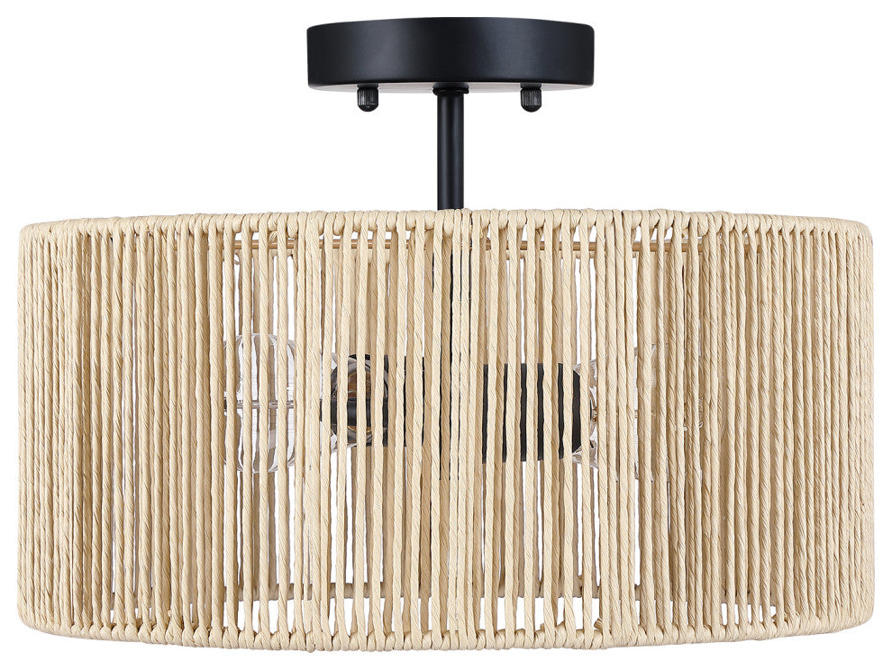 14" W 2-Light Woven Rope Drum Semi-Flush Mount Ceiling Light, Beige