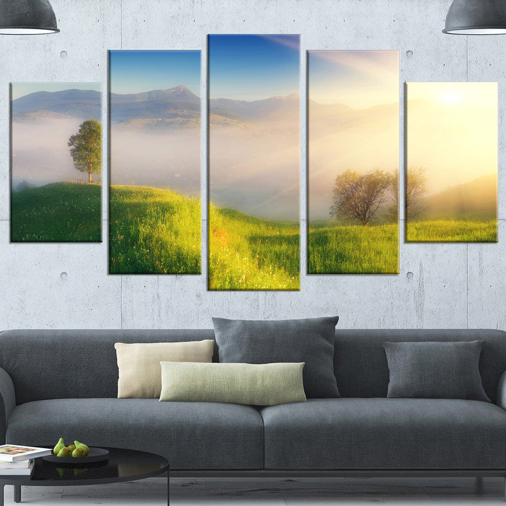 Morning Mist over Mountain Village, Landscape Canvas Print, 60"x32", 5 Panels